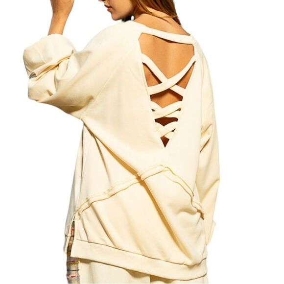 135. Women's Peony Pink Back Cross Strap Detail Balloon Sleeve Sweatshirt NWT - Picture 3 of 3